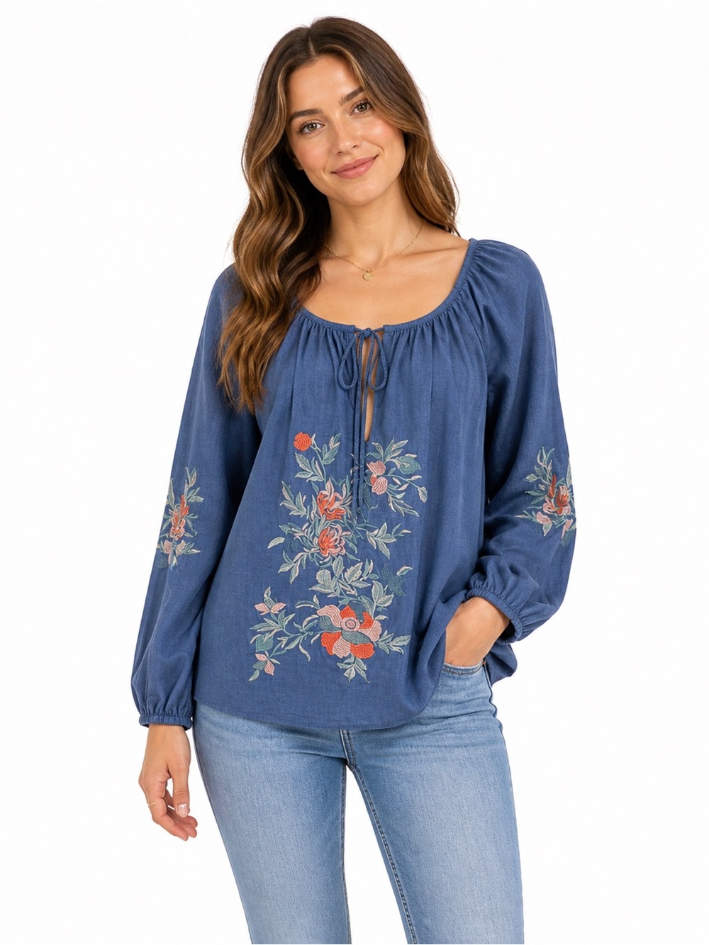 Solitaire Peasant Top Floral Embroidered Flowy Western Boho Blouse Size XL